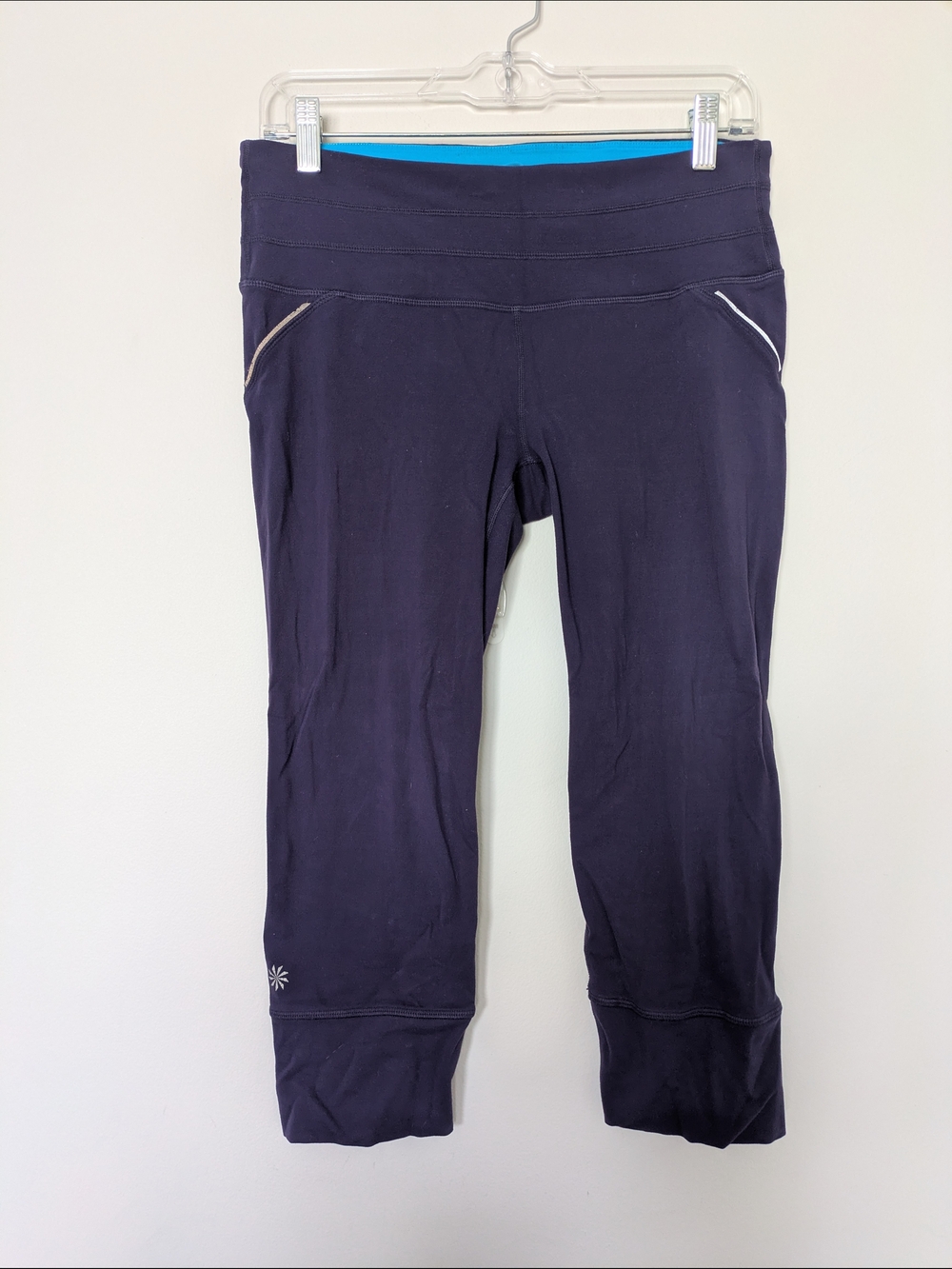 Athleta Cropped Leggings in Navy with Teal Waistband